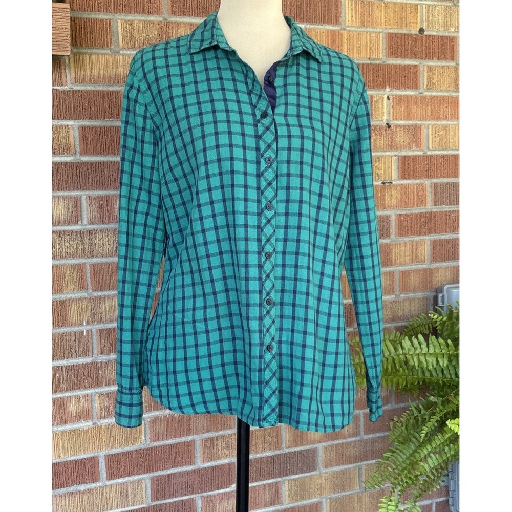 Eddie Bauer Women's Size L Button Up Shirt Navy Teal Plaid 100% Cotton Outdoor